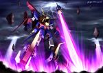  artist_name claws clouds cloudy_sky dated fangs floating_rocks glowing gundam gundam_build_fighters gundam_build_fighters_try gundam_tryon_3 light_rays lightning mecha no_humans planted_sword planted_weapon shield sky solo sword weapon yoyo_(seawayseed) 
