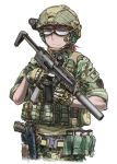  1girl belt blue_eyes brown_hair camouflage didloaded gloves goggles gun handgun hat headset helmet holster load_bearing_vest looking_at_viewer magazine_(weapon) military military_hat military_uniform operator original pistol scope short_hair simple_background solo submachine_gun suppressor trigger_discipline uniform vertical_foregrip weapon white_background 