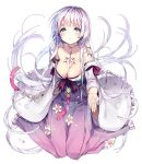  1girl artist_request bare_shoulders blush breasts cleavage detached_sleeves dress flower full_body green_eyes large_breasts long_hair looking_up parted_lips payot petals silver_hair sitting solo tattoo transparent_background unleashed very_long_hair wariza water wide_sleeves 