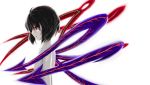  1girl asymmetrical_wings black_hair collarbone commentary_request highres houjuu_nue nude parted_lips profile red_eyes short_hair simple_background small_breasts solo touhou white_background wings 