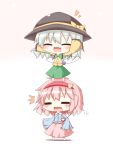  /\/\/\ 2girls :d bow chibi closed_eyes commentary_request fang gaius_(nikoniko2) hairband hat hat_bow heart highres komeiji_koishi komeiji_satori long_sleeves multiple_girls open_mouth pink_hair shirt siblings silver_hair sisters skirt sleeves_past_wrists smile standing_on_person surprised sweatdrop third_eye touhou wide_sleeves 