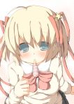  1girl absurdres blonde_hair blue_eyes blush highres little_busters!! looking_at_viewer mouth_hold pocky solo tabuchi_(tabuchisanchi) 