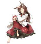  1girl ^_^ animal_ears barefoot brooch brown_hair closed_eyes full_body gorilla_(bun0615) highres imaizumi_kagerou jewelry long_hair long_sleeves red_fingernails red_nails shirt sitting skirt smile solo tail touhou very_long_hair werewolf wide_sleeves wolf_ears 