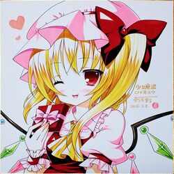  1girl blonde_hair box colored_pencil_(medium) dated fang flandre_scarlet gift gift_box hat heart ichikawa_tsurugi marker_(medium) open_mouth pastel_(medium) red_eyes ribbon shikishi short_hair side_ponytail signature smile solo touhou traditional_media wings winking wrist_cuffs 