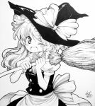  1girl bow braid broom clown_222 hair_bow hat highres kirisame_marisa long_hair millipen_(medium) monochrome open_mouth shikishi signature solo touhou traditional_media winking witch_hat 