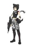  1girl absurdres animal_ears black_hair blue_eyes boots bullpup dog_ears dog_tail elbow_pads fingerless_gloves full_body gloves gun hand_on_hip highres knee_boots knee_pads midriff original scarf short_hair sleeveless small_breasts solo steamed_egg tail tomboy trigger_discipline weapon white_background 