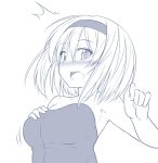  /\/\/\ 1girl alice_margatroid armpits bare_shoulders blush bouncing_breasts breast_suppress breasts hairband kazawa_(tonzura-d) looking_at_viewer monochrome naked_towel open_mouth short_hair solo surprised tareme touhou towel upper_body 