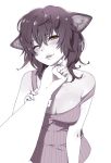  1girl animal_ears arm_grab blush breasts cat_ears chin_stroking cleavage fangs fingernails long_fingernails looking_at_viewer mattaku_mousuke monochrome one_eye_closed out_of_frame smile spot_color strap_slip tank_top yellow_eyes 