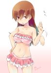  1girl brown_hair hand_on_hip highres imu_sanjo kantai_collection long_hair looking_at_viewer midriff mound_of_venus navel ooi_(kantai_collection) red_eyes shooing solo swimsuit 