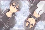  2boys black_eyes black_hair breastplate coat dual_persona highres kirito kirito_(sao-ggo) long_hair multiple_boys nyame short_hair sword_art_online trap 