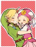  1boy 1girl belt blonde_hair blush closed_eyes grin hat hug link ocarina_of_time pointy_ears polka_dot polka_dot_background princess_zelda repikinoko short_hair short_sleeves smile the_legend_of_zelda young_link younger 