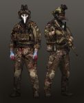  2boys assault_rifle blood blood_splatter blood_stain boots camouflage didloaded gloves gun hat headphones helmet knee_pads load_bearing_vest magazine_(weapon) mask military military_hat military_uniform multiple_boys operator original rifle scalpel scissors scope simple_background smoke_grenade tagme trigger_discipline uniform vertical_foregrip walkie-talkie weapon 