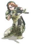  1girl aiming assault_rifle brown_hair camouflage didloaded gloves goggles grey_eyes gun hair_ornament hairclip headphones knee_pads magazine_(weapon) original reloading rifle scope short_hair simple_background solo sweatdrop trigger_discipline weapon white_background 