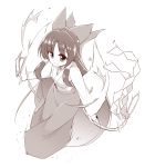  1girl artist_request bow from_above full_body gohei hair_bow hair_tubes hakurei_reimu holding japanese_clothes kimono long_hair long_sleeves looking_at_viewer miko monochrome ofuda simple_background smile solo touhou very_long_hair white_background wide_sleeves 