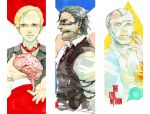  3boys bandages barbed_wire blonde_hair brain dual_persona highres hood idachi marker_(medium) multiple_boys ruvik scar sebastian_castellanos the_evil_within tied_up traditional_media yellow_eyes 