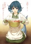  1girl animal_ears apron blue_eyes blue_hair blush food head_fins japanese_clothes kappougi kimono long_sleeves looking_at_viewer mermaid monster_girl open_mouth oven_mitts pot short_hair smile solo touhou translation_request urin wakasagihime 