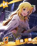  1 ahoge blonde_hair blush character_name faceless faceless_male girl gloves green_eyes hoshii_miki idolmaster idolmaster_million_live! jacket_on_shoulders long_hair looking_at_viewer musical_note official_art signature 