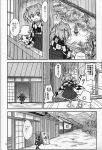  3girls bell book comic doujinshi futatsuiwa_mamizou futatsuiwa_mamizou_(human) hair_bell hair_ornament hakama hat highres japanese_clothes leaf leaf_on_head monochrome moriya_suwako motoori_kosuzu multiple_girls sakana_(ryuusui-tei) scan sweatdrop touhou translation_request twintails yotsubato! 