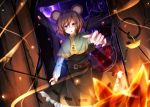  1girl animal_ears basket belt brown_dress brown_hair capelet dowsing_rod dress dutch_angle earrings embers fire highres jewelry long_sleeves looking_at_viewer mouse mouse_ears mouse_tail nazrin outstretched_hand rok_(guitar0706) short_hair solo tail touhou vines violet_eyes 