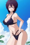  1girl bikini clouds female liebert_(majin_bone) majin_bone manji_(tenketsu) purple_hair red_eyes short_hair solo standing swimsuit 