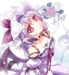  1girl alternate_costume arm_ribbon bare_shoulders bat_wings clock collarbone detached_sleeves dress fang flower hat hat_ribbon juliet_sleeves long_sleeves looking_at_viewer mikazuki_sara mob_cap open_mouth pink_eyes puffy_sleeves red_rose remilia_scarlet ribbon rose silver_hair solo touhou white_dress white_rose wings 