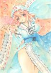  1girl absurdres acrylic_paint_(medium) blush fan hat highres japanese_clothes kimono open_mouth petals pink_eyes pink_hair saigyouji_yuyuko shie_(m417) solo thighs touhou traditional_media triangular_headpiece watercolor_(medium) wide_sleeves 