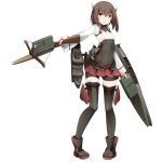  1girl aa_gun bike_shorts blouse boots bow_(weapon) breasts brown_eyes brown_hair crossbow flat_chest flight_deck full_body headband headgear kantai_collection kinakomoti machinery pleated_skirt short_hair skirt smile solo taihou_(kantai_collection) thigh-highs thigh_boots weapon 