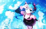  1girl :3 aqua_eyes aqua_hair bai_yemeng bare_shoulders breasts butterfly_hair_ornament cleavage collarbone foreshortening from_above full_body hair_ornament hatsune_miku highres long_hair project_diva project_diva_f revision ripples solo standing sweet_devil_(vocaloid) twintails very_long_hair vocaloid water 