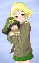  1girl bezsoba blonde_hair blue_eyes blush brown_eyes child erwin_(girls_und_panzer) girls_und_panzer hat military military_hat military_uniform open_mouth smile uniform 