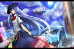  1girl armor blue_hair blue_sky bow building clouds crowd eisuto floating_island hat helmet highres hinanawi_tenshi horns knight letterboxed long_hair looking_at_viewer polearm puffy_short_sleeves puffy_sleeves red_eyes shield shirt short_sleeves skirt sky spear sun sword_of_hisou touhou very_long_hair water waterfall weapon 