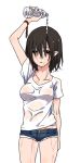  1girl alternate_costume arm_up black_hair bottle looking_at_viewer no_hat pointy_ears red_eyes see-through shameimaru_aya shirt short_hair short_sleeves shorts simple_background solo tojo_(strit2p) touhou water water_bottle wet white_background 