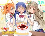  3girls blue_eyes blue_hair blush brown_eyes brown_hair cake candle dated dorisu2 embarrassed food fruit happy_birthday kousaka_honoka long_hair love_live!_school_idol_project minami_kotori multiple_girls open_mouth orange_hair plaid plaid_skirt school_uniform short_hair short_sleeves side_ponytail skirt sonoda_umi strawberry yellow_eyes 