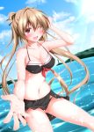  1girl absurdres adapted_costume beach bikini bikini_skirt brown_eyes brown_hair clouds hair_ribbon highres island kantai_collection lighthouse long_hair murasame_(kantai_collection) narukami_ginryuu ocean open_mouth ribbon sky smile solo swimsuit twintails water 