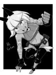  1girl animal_ears bell bell_collar breasts cat_ears clenched_hand collar crop_top dark_skin detached_leggings fingerless_gloves gloves greyscale midriff monochrome ms._fortune_(skullgirls) running scar short_hair short_shorts shorts skullgirls solo watson 