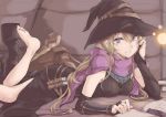  1girl barefoot blonde_hair book boots_removed dress elbow_gloves gloves hat long_hair open_mouth original smile solo staff touma_raito violet_eyes witch_hat 