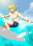  1boy abs absurdres blonde_hair blue_eyes highres jewelry male_focus necklace nintendo short_hair shulk smile solo super_smash_bros. surfboard surfing swim_trunks topless water waves wristband xenoblade 