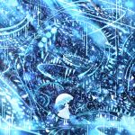 1girl abstract_background blue bou_nin capelet commentary dress highres light_particles original rain scenery smile solo umbrella white_dress 