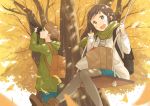  1boy 1girl :d apple autumn_leaves backpack bag boots brown_hair camera commentary_request food fruit green_eyes green_scarf hoodie jacket kana_(okitasougo222) looking_at_viewer open_mouth original pantyhose rope scarf shopping_bag short_hair smile swing swinging taking_picture tree 