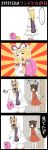  2girls 4koma animal_ears ankles armband backpack bag barefoot blonde_hair blush bow brown_eyes brown_hair cat_ears chen comic commentary_request dress embarrassed frilled_dress frills green_hat hair_bow hat hat_ribbon highres jetto_komusou kindergarten_bag long_hair long_sleeves mob_cap multiple_girls no_tail open_mouth puffy_long_sleeves puffy_sleeves red_skirt ribbon short_hair skirt slippers standing sunburst tabard touhou translation_request trembling vest walk-in white_dress yakumo_yukari yellow_eyes 