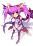  1girl alternate_hairstyle blush elbow_gloves fingerless_gloves gloves greaves heterochromia highres horns purple_hair puzzle_&amp;_dragons red_eyes samoore solo sonia_(p&amp;d) tail twintails violet_eyes wings 
