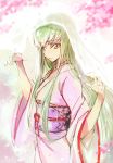  1girl c.c. code_geass creayus green_hair headdress japanese_clothes kimono long_hair looking_at_viewer solo yellow_eyes 