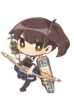  1girl absurdres armor arrow bow_(weapon) brown_eyes brown_hair chibi gloves highres japanese_clothes kaga_(kantai_collection) kantai_collection looking_at_viewer muneate reimu9 side_ponytail solo thigh-highs weapon 