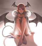  1girl alternate_costume arm_support barefoot breasts cleavage dantewontdie demon_girl demon_tail demon_wings feet fur_trim head_wings koakuma large_breasts long_hair long_sleeves multiple_wings pointy_ears red_eyes redhead sitting smile solo tail touhou wings 