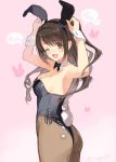  1girl ;d animal_ears arms_up ass bowtie breasts brown_eyes brown_hair brown_legwear bunnysuit cleavage detached_collar fake_animal_ears hairband highres idolmaster idolmaster_cinderella_girls long_hair mibu_natsuki one_eye_closed one_side_up open_mouth pantyhose rabbit_ears shimamura_uzuki sideboob smile solo twitter_username wrist_cuffs 