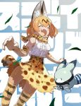  1girl ^_^ animal_ears bare_shoulders belt blush bow bowtie cat_ears cat_tail closed_eyes cross-laced_clothes elbow_gloves eyebrows_visible_through_hair facing_away fang frilled_shirt frills gloves happy jumping kemono_friends leaf looking_down lucky_beast_(kemono_friends) open_mouth seimannu serval_(kemono_friends) serval_ears serval_print serval_tail shirt skirt sleeveless sleeveless_shirt smile striped_tail tail thigh-highs thigh_gap white_shirt wind zettai_ryouiki 