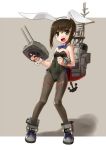  1girl animal_ears black_eyes bowtie brown_eyes brown_hair brown_legwear bunnysuit cannon detached_collar fubuki_(kantai_collection) kantai_collection katahira_masashi machinery open_mouth pantyhose rabbit_ears shoes short_hair smile smokestack sneakers solo turret wrist_cuffs 