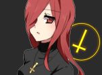  1girl blush breasts cross cross_necklace hair_over_one_eye highres large_breasts long_hair merry_(168cm) parasoul_(skullgirls) red_eyes redhead skullgirls solo sweater turtleneck upper_body 