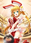  1girl akkijin animal_ears blonde_hair blue_eyes bunny_girl bunny_tail bunnysuit casino flower fortuna_(shinkai_no_valkyrie) hair_flower hair_ornament looking_at_viewer open_mouth rabbit_ears shinkai_no_valkyrie solo tail thigh-highs 