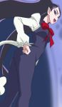  1girl black_hair blue_eyes female go!_princess_precure hand_on_hip haruyama_kazunori long_hair miss_siamour open_mouth personification pointy_ears precure ribbon solo twintails 