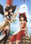  2girls amibazh ascot bird black_hair black_legwear black_wings blue_sky book bow breasts brown_hair clouds collarbone commentary detached_sleeves dove elbow_gloves expressionless eyelashes flower forest gap gloves hair_bow hair_tubes hakurei_reimu hand_on_neck hand_on_own_stomach hand_up hat highres holding holding_flower japanese_clothes kourindou_tengu_costume lily_(flower) long_hair looking_at_another looking_down looking_up midriff multiple_girls nature obi open_book red_eyes red_skirt ribbon-trimmed_collar ribbon-trimmed_sleeves ribbon_trim sash shameimaru_aya short_hair sitting sitting_on_object skirt sky sleeveless smile talking thigh-highs tokin_hat torii touhou white_gloves wings yakumo_yukari 